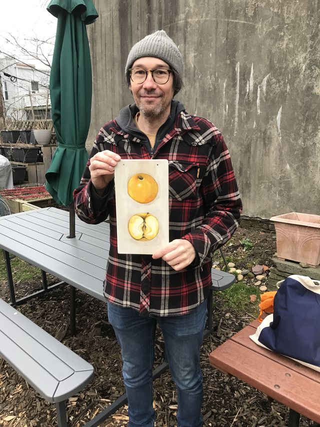 Gardener Eric Boucourt holds up his painting of the fruit of the fall pippen, one of Sam Van Aken’s grafted trees, now planted in a community garden in Brooklyn, April 5, 2022.